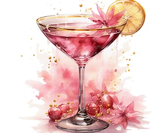 8 Pink Cocktails Clipart, Adorable Cocktails, Printable Watercolor clipart, High Quality JPG/PNGs, Digital download, Paper craft, journals