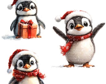 14 imágenes prediseñadas de pingüinos navideños, imágenes prediseñadas de acuarela imprimibles, archivos JPG de alta calidad, descarga digital, manualidades de papel, diario basura, tarjeta navideña