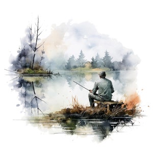 May include: A watercolor painting of a person fishing on a lake. The person is sitting on a wooden dock, with a fishing rod in their hand. The lake is surrounded by trees, and the sky is a soft blue.