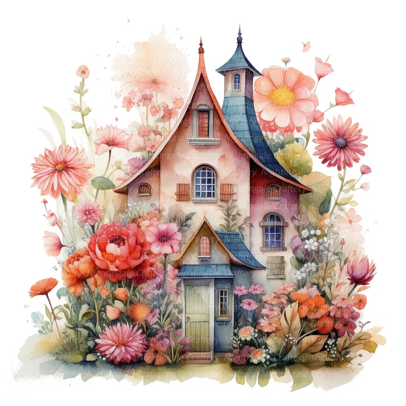 10 Floral House Clipart, Garden Flowers, Printable Watercolor Clipart ...
