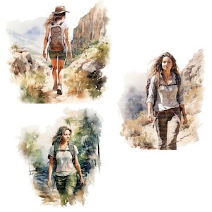 May include: Three women wearing backpacks and casual clothing are hiking in a desert landscape. The women are walking on a dirt path with rocks and vegetation. The sky is blue and the sun is shining.