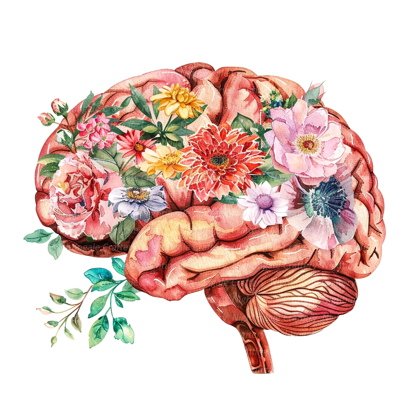 10 Floral Human Brain Clipart, Anatomical Brain, Printable Watercolor ...