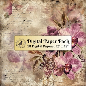 18 documenti di sfondo Vintage Orchid, pacchetto di carta digitale 12 x 12, carta per diario spazzatura, carta per album, carta stampabile, JPG di alta qualità