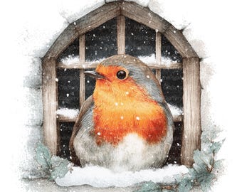 12 Christmas Robin Snowy Window Clipart, Printable Watercolor clipart, High Quality JPGs, Digital download, Paper craft, junk journals