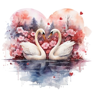 8 zwaan paar clipart, romantische liefde zwanen, afdrukbare aquarel clipart, hoge kwaliteit JPG/PNG's, digitale download, Paper Craft, junk journal
