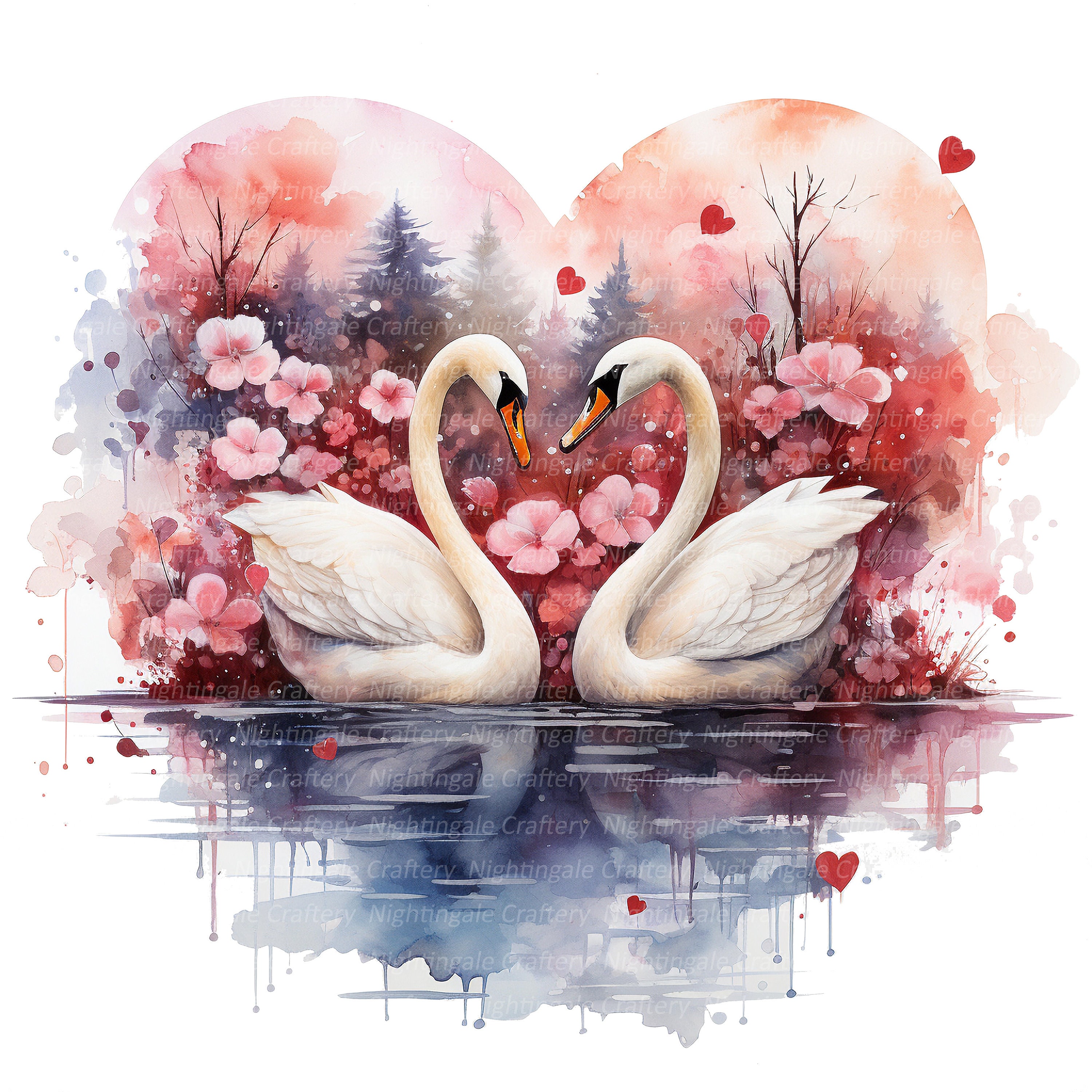 8 Swan Couple Clipart, Romantic Love Swans, Printable Watercolor