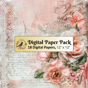 18 papiers vintage roses romantiques, paquet de papier numérique 12 x 12, papier journal indésirable, papier de scrapbooking, papier imprimable, JPG de haute qualité
