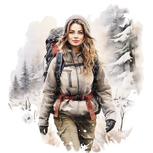 14 Woman Hiking Clipart, Mountain Hiking, Printable Watercolor Clipart ...