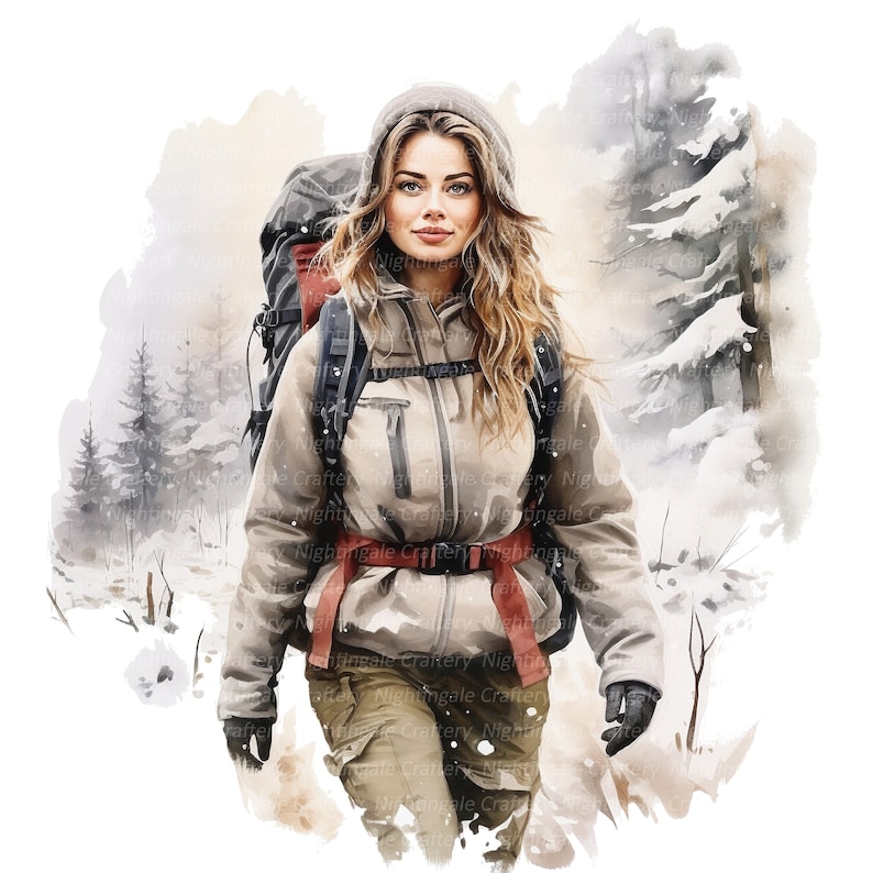 May include: A woman wearing a beige jacket with a red and black rucksack walks through a snowy forest. She is wearing a black hat and has long brown hair.