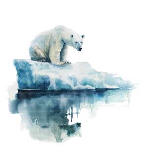 Puede incluir: Una pintura de acuarela de un oso polar de pie sobre un pequeño témpano de hielo. El témpano de hielo está rodeado de agua azul, y el oso está mirando hacia abajo al agua. La pintura está hecha en un estilo realista, y los colores son apagados y suaves.