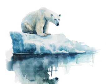 9 Polar Bear Clipart, Polar bear on iceberg, Printable Watercolor clipart, High Quality JPGs, Digital download, Paper crafts, junk journal