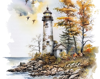 Puede incluir: Una pintura de acuarela de un faro blanco en una costa rocosa con una pequeña casa a su lado. El faro tiene un techo negro y una linterna negra en la parte superior. Hay árboles en el fondo con hojas amarillas y naranjas. El cielo es azul claro con nubes blancas.