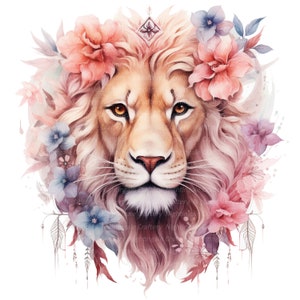 May include: A watercolor painting of a lion's face with a crown of pink and blue flowers. The lion has a soft, golden fur and piercing brown eyes. The flowers are delicate and whimsical, creating a beautiful and ethereal image.