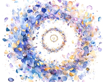 May include: Watercolor painting of a swirling circle of blue, purple, and yellow petals. The petals are arranged in a spiral pattern, creating a sense of movement and energy.