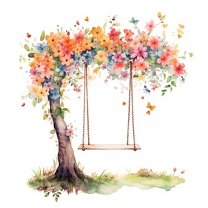 12 Clipart di "Altalena sull'albero" Set 2, Altalena floreale, Clipart acquerello stampabile, JPG di alta qualità, Download digitale, Carta artigianale, diari spazzatura