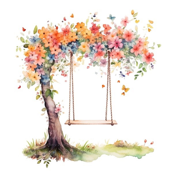 12 balançoires dans l'arbre Clipart lot 2, balançoire florale, clipart aquarelle imprimable, fichiers JPG de haute qualité, téléchargement numérique, créations en papier, journaux indésirables