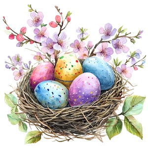 14 Nido con uova di Pasqua Clipart, Clipart di Pasqua, Clipart acquerello stampabile, JPG di alta qualità, download digitale, artigianato con la carta, sublimazione
