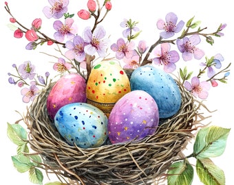 14 Nest with Easter Eggs Clipart, Easter Clipart, Printable Watercolor clipart, High Quality JPG, Digital download, Paper craft, sublimation