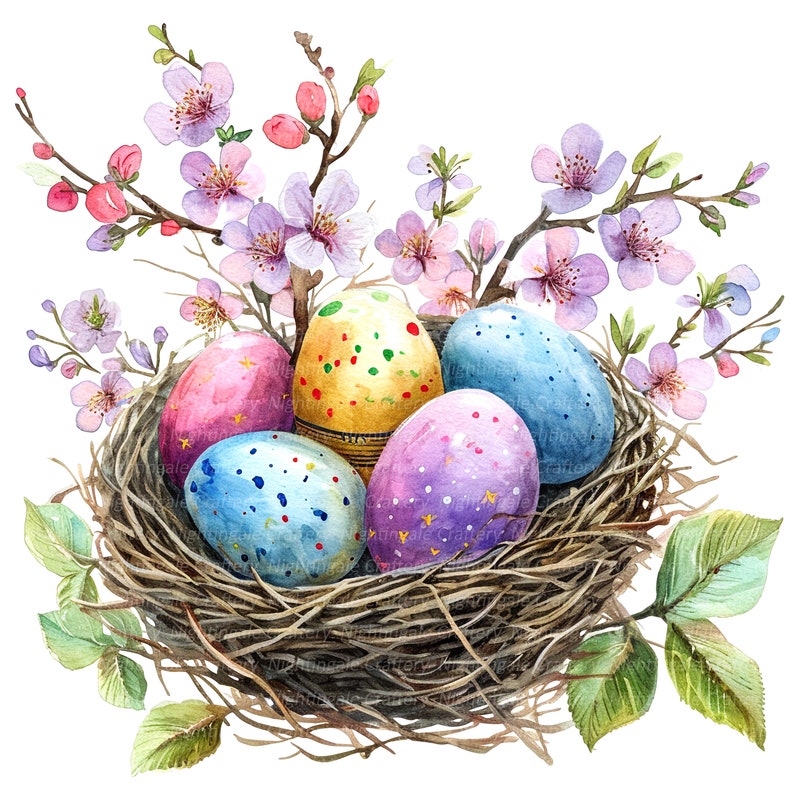 14 Nido con uova di Pasqua Clipart, Clipart di Pasqua, Clipart acquerello stampabile, JPG di alta qualit, download digitale, artigianato con la carta, sublimazione immagine 1