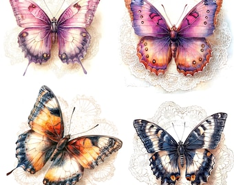 16 preciosas imágenes prediseñadas de mariposas, imágenes prediseñadas de acuarela imprimibles, PNG de alta calidad, descarga digital, manualidades con papel, diario creativo, efímeros de encaje