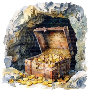10 clipart da caverna do baú do tesouro, baú do pirata, clipart em aquarela para impressão, JPGs de alta qualidade, download digital, artesanato em papel, diário de lixo eletrônico