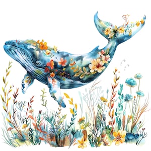 10 clipart floral de baleia, baleia com flores, clipart em aquarela para impressão, JPGs de alta qualidade, download digital, artesanato em papel, diários indesejados