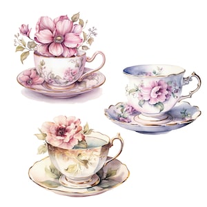 14 Clipart floral de tasse de thé, tasse vintage, clipart aquarelle imprimable, JPG de haute qualité, téléchargement numérique, haute résolution, création de papier