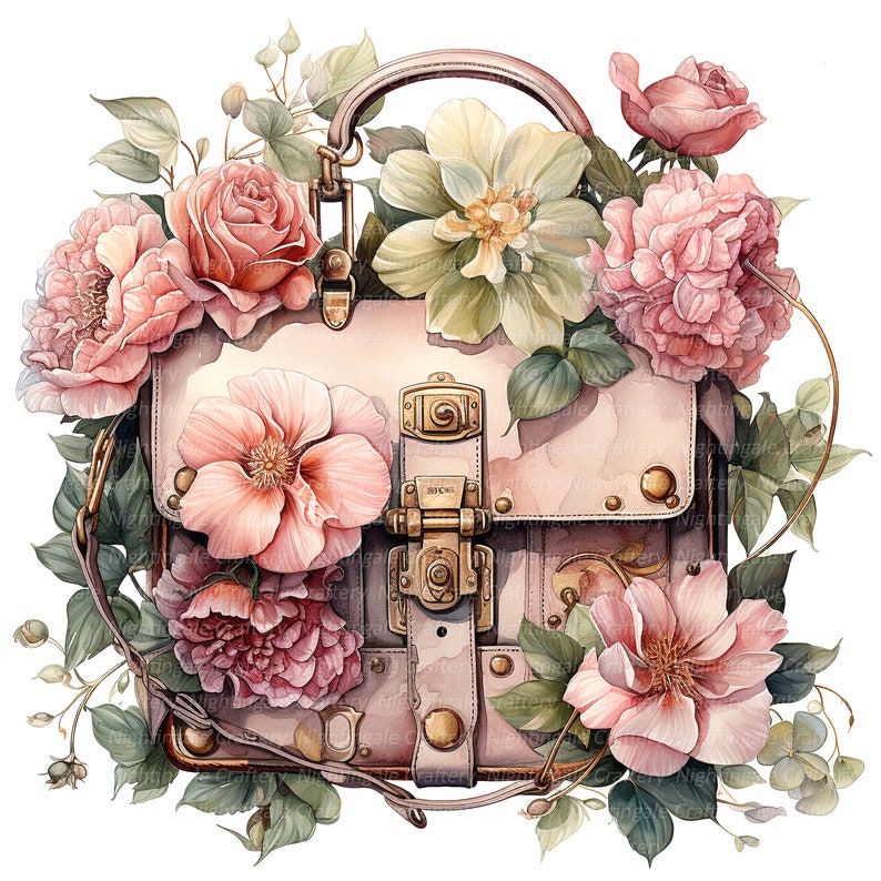 May include: A pink leather satchel handbag with gold hardware and a floral design. The bag is surrounded by pink and white flowers.