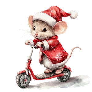 8 Souris de Noël avec des cliparts scooter, clipart aquarelle imprimable, fichiers JPG de haute qualité, téléchargement numérique, créations en papier, journaux indésirables