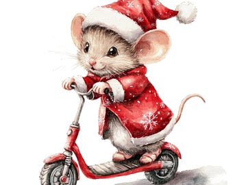 May include: A cute cartoon mouse wearing a red Santa hat and a red and white snowflake patterned coat rides a red scooter.