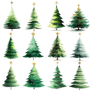 Könnte beinhalten: Aquarell-Illustrationen von Weihnachtsbäumen in verschiedenen Grüntönen, jeder mit einem goldenen Stern gekrönt. Die Bäume haben ein handgemaltes Aussehen mit sichtbaren Pinselstrichen und unterschiedlichen Detaillierungsgraden. Die Bäume sind auf weißem Hintergrund angeordnet.
