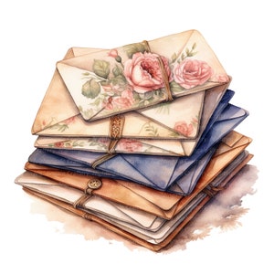 10 Pila de sobres Clipart, Sobre vintage, Imágenes prediseñadas de acuarela imprimible, JPG de alta calidad, Descarga digital, Artesanía de papel, diario basura