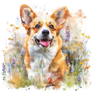 8 Welsh Corgi Clipart, Floral Corgi in Garden, Printable Watercolor clipart, High Quality JPGs, Digital download, Paper craft, junk journals