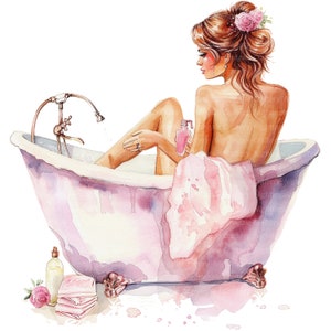 11 vrouw in bad clipart, shabby chique badkamer, afdrukbare aquarel clipart, hoge kwaliteit jpg's, digitale download, Paper Craft, junk journal