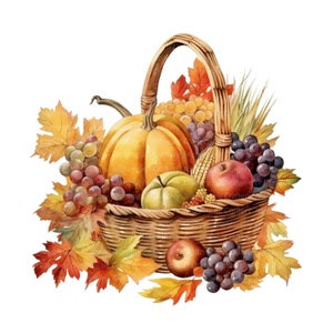 8 Autumn Basket Clipart, Thanksgiving Basket, Printable Watercolor ...
