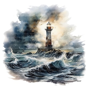 12 Lighthouse in Storm Clipart, Printable Watercolor clipart, High Quality JPG, Digital download, High Resolution, Paper craft, junk journal