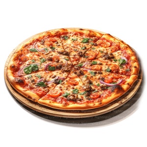 May include: A close-up of a pizza with a thin crust, topped with tomato sauce, mozzarella cheese, red onion, cherry tomatoes, and fresh basil.
