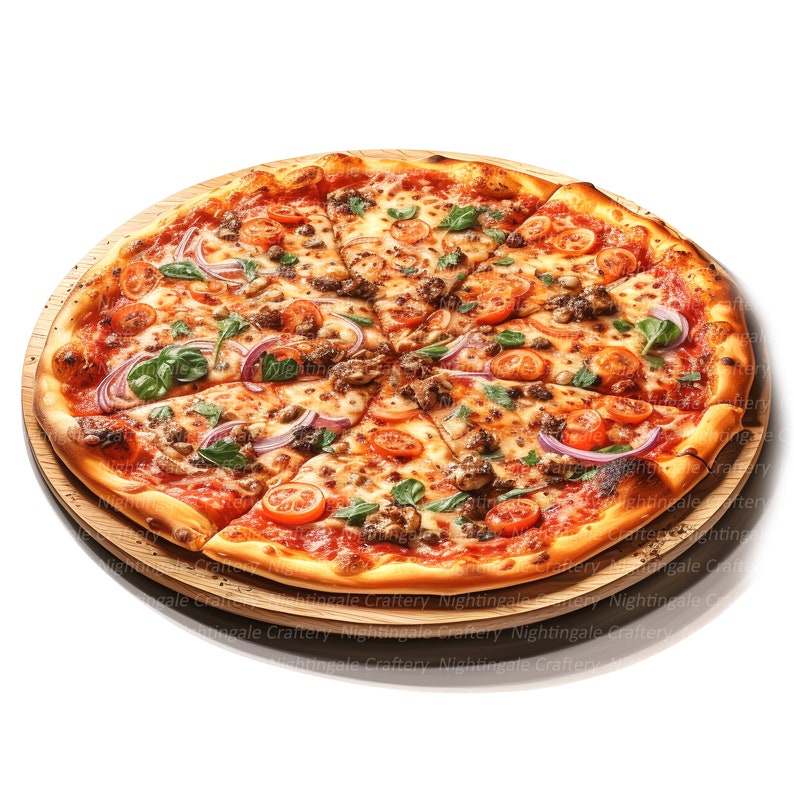 May include: A close-up of a pizza with a thin crust, topped with tomato sauce, mozzarella cheese, red onion, cherry tomatoes, and fresh basil.