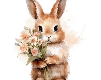 12 Bunny Clipart, Flowers bouquet, Rabbit, Printable Watercolor clipart, High Quality JPGs, Digital download, Paper craft, junk journals