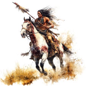 10 Native Indian On Horse Clipart, With Spear, Printable Watercolor clipart, High Quality JPG, Digital download, Paper craft, junk journal