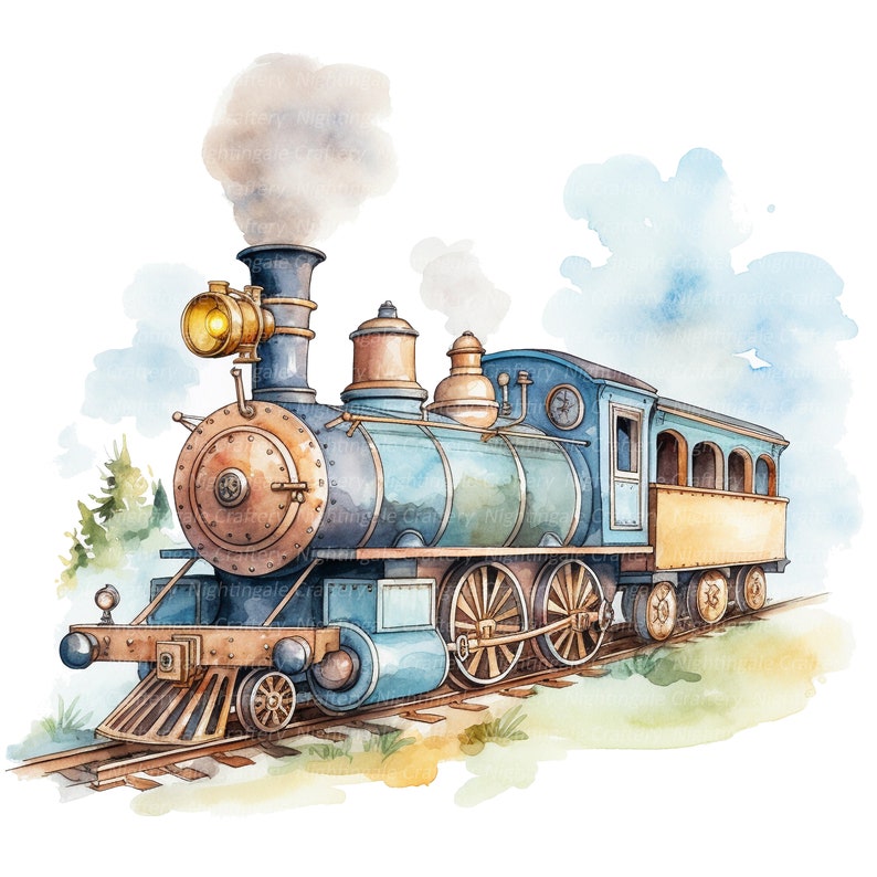 10 Cartoon Locomotives Clipart, Antique Train, Printable Watercolor clipart, High Quality JPGs, Digital download, Paper craft, junk journal image 10