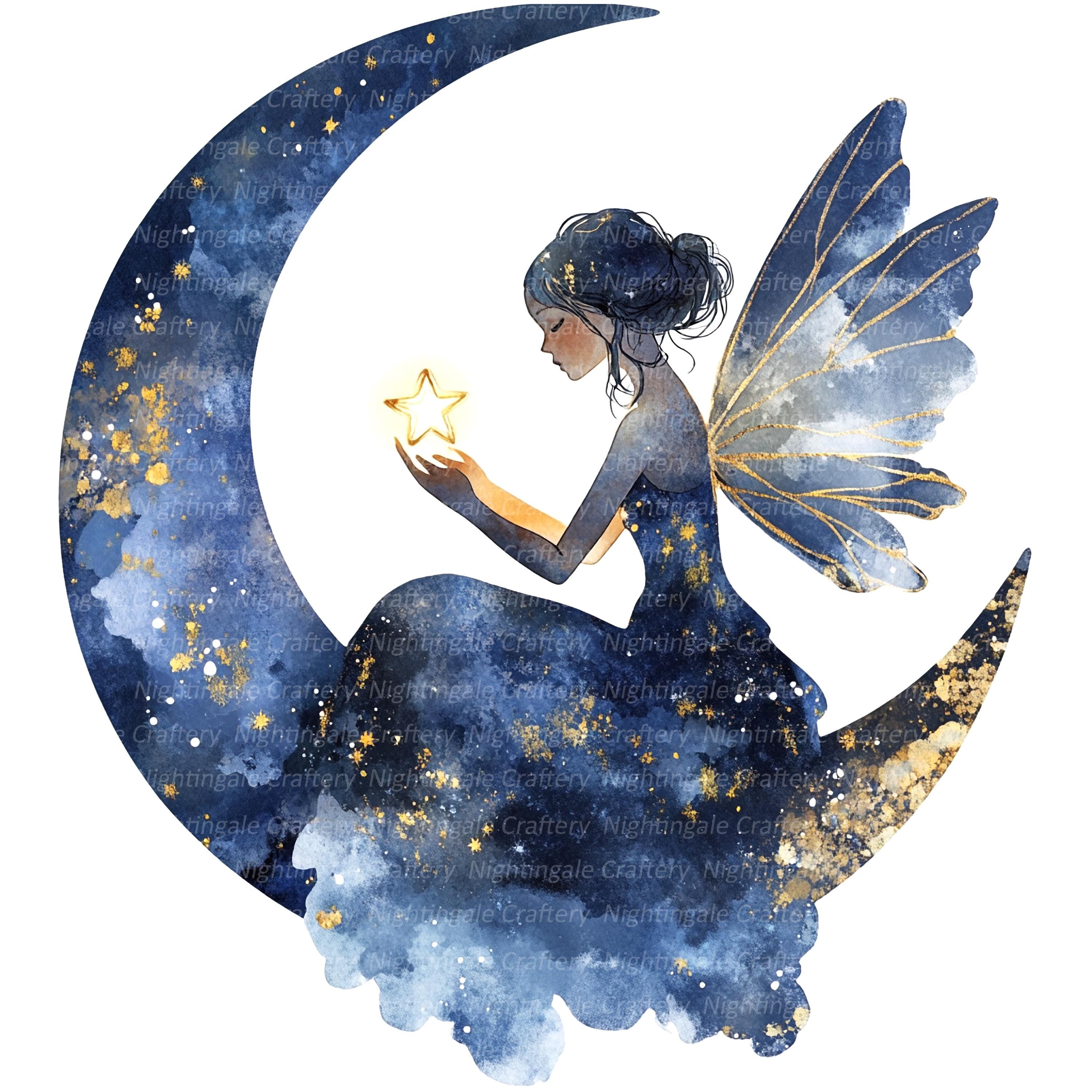 7 Fairy on Moon Clipart, Nursery Fairy Clipart, Printable