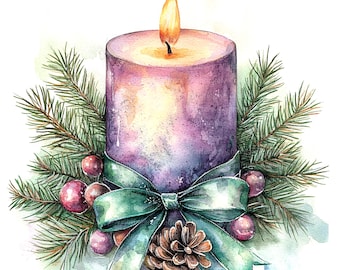 May include: Watercolor illustration of a lit purple candle surrounded by evergreen branches, red berries, a teal ribbon, and a pine cone. The candle has a yellow flame and is a festive holiday decoration.