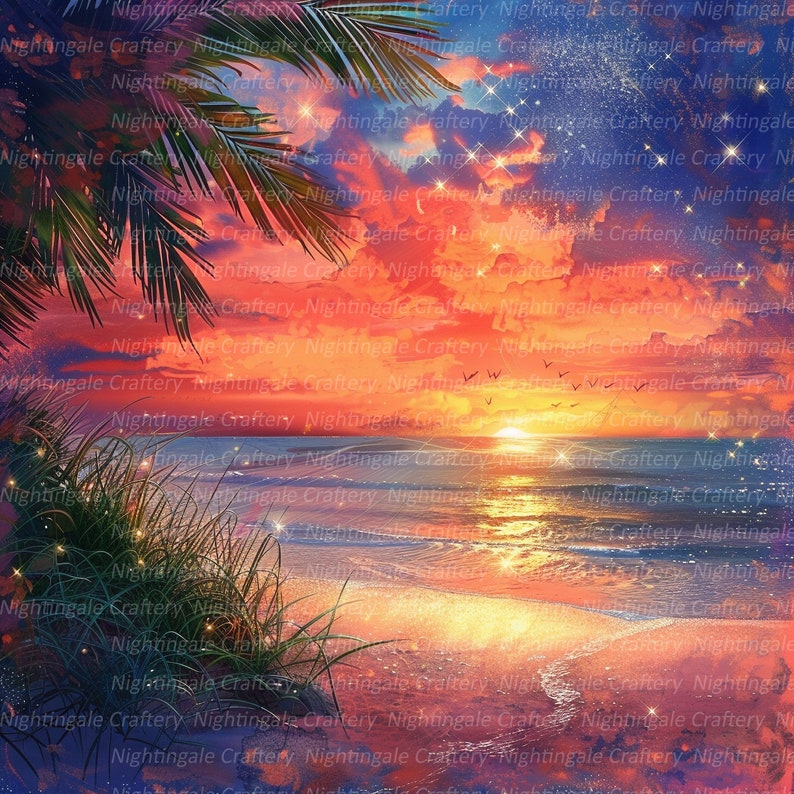 Puede incluir: Una pintura digital de una puesta de sol tropical sobre una playa. El cielo es de un naranja y rosa vibrantes, con nubes y estrellas. El sol se pone sobre el oc&eacute;ano, que es de un azul profundo. Hay palmeras en primer plano y la playa es arenosa.