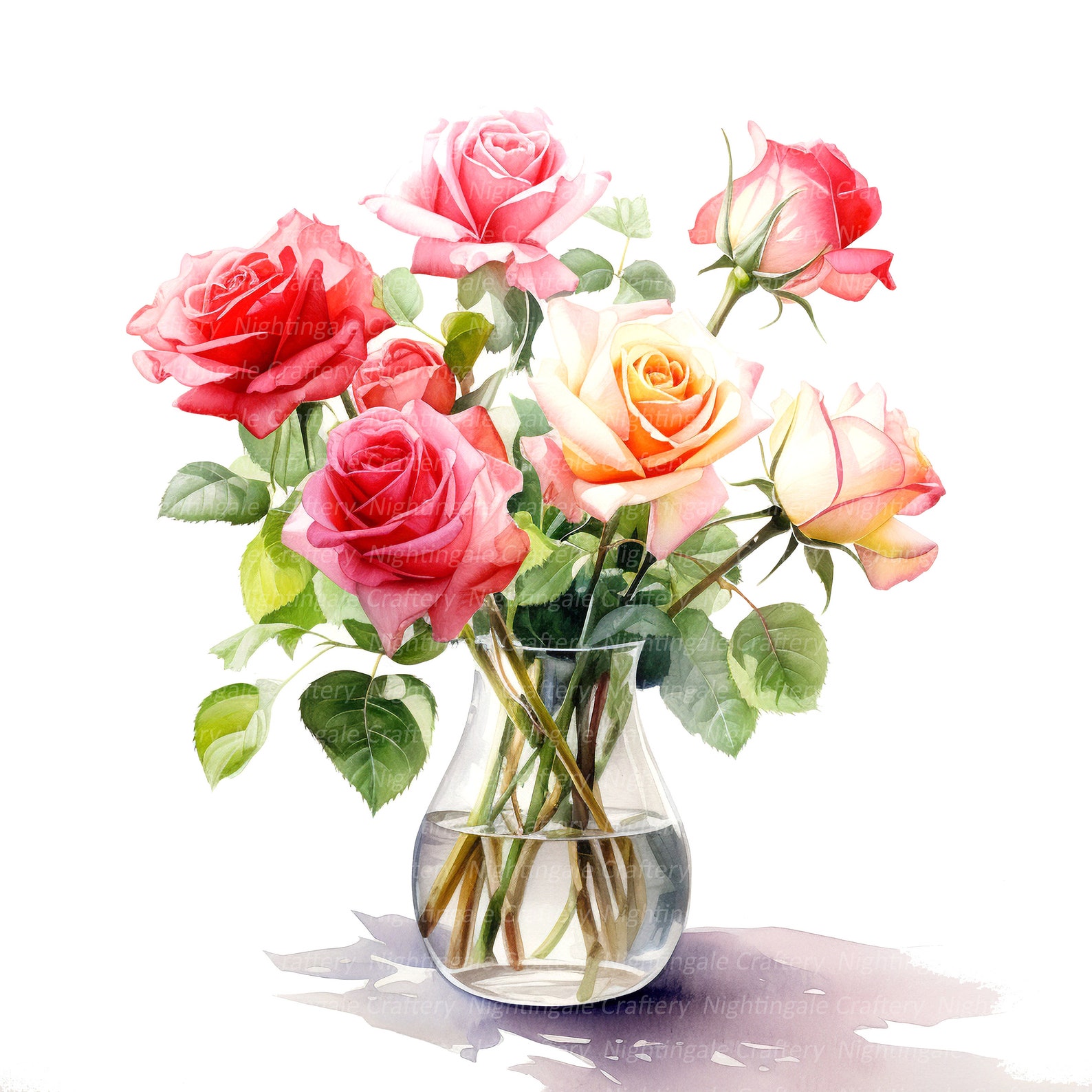10 Roses in Vase Clipart, Pink Roses, Printable Watercolor Clipart ...