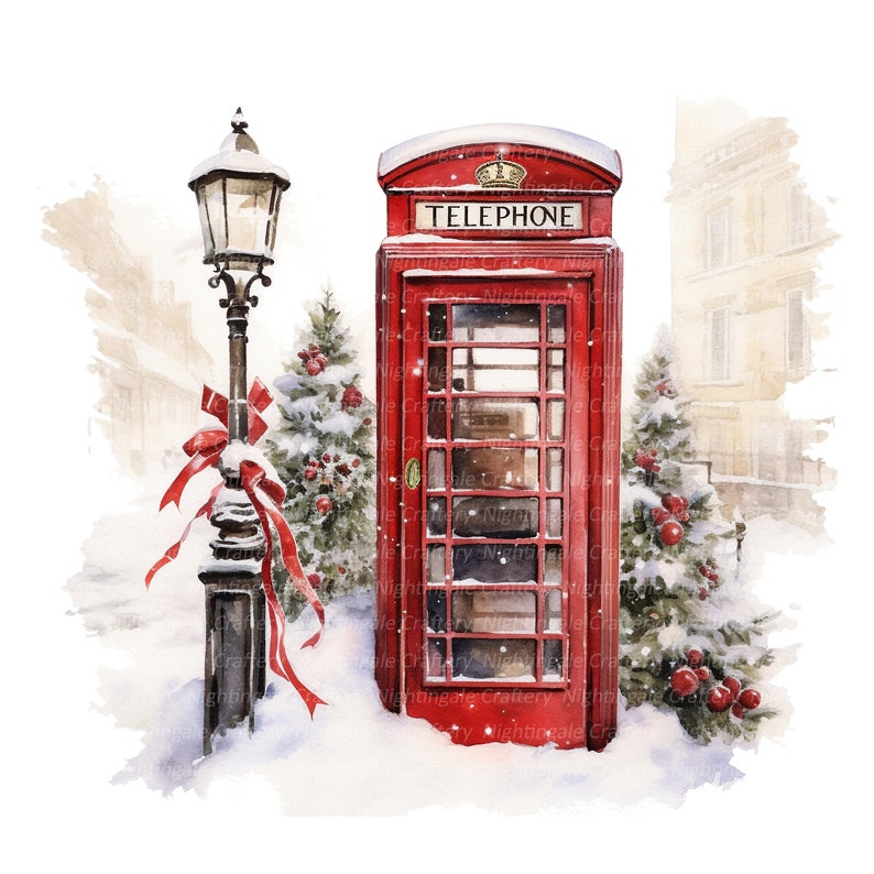 Winter Telephone 8 Phone Booth Winter Clipart, Telephone Booth, Printable Watercolor ...