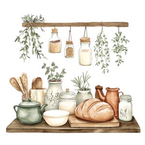 10 Kitchen Shelf Clipart, Kitchen Wall Art, Rustic, Printable Watercolor clipart, High Quality PNGs, Digital download, Paper craft, journal