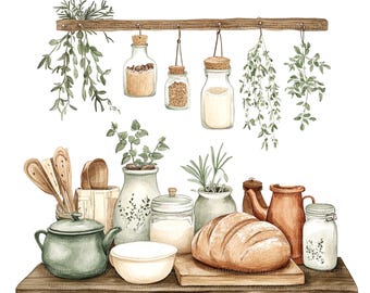 10 Kitchen Shelf Clipart, Kitchen Wall Art, Rustic, Printable Watercolor clipart, High Quality PNGs, Digital download, Paper craft, journal