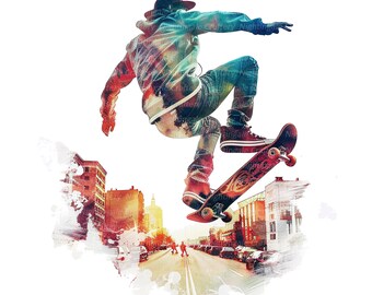 May include: A skateboarder in mid-air, performing a trick over a city street scene. The skateboarder is wearing a blue and white jacket, blue jeans, and a black cap. The skateboard is red and black with a graphic design.