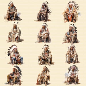 K&ouml;nnte beinhalten: Aquarellillustrationen von indianischen H&auml;uptlingen in traditioneller Kleidung, einschlie&szlig;lich Federhauben und detaillierter Kleidung. Die H&auml;uptlinge sind sitzend dargestellt, mit unterschiedlichen Ausdr&uuml;cken und Posen, vor einem neutralen Hintergrund.